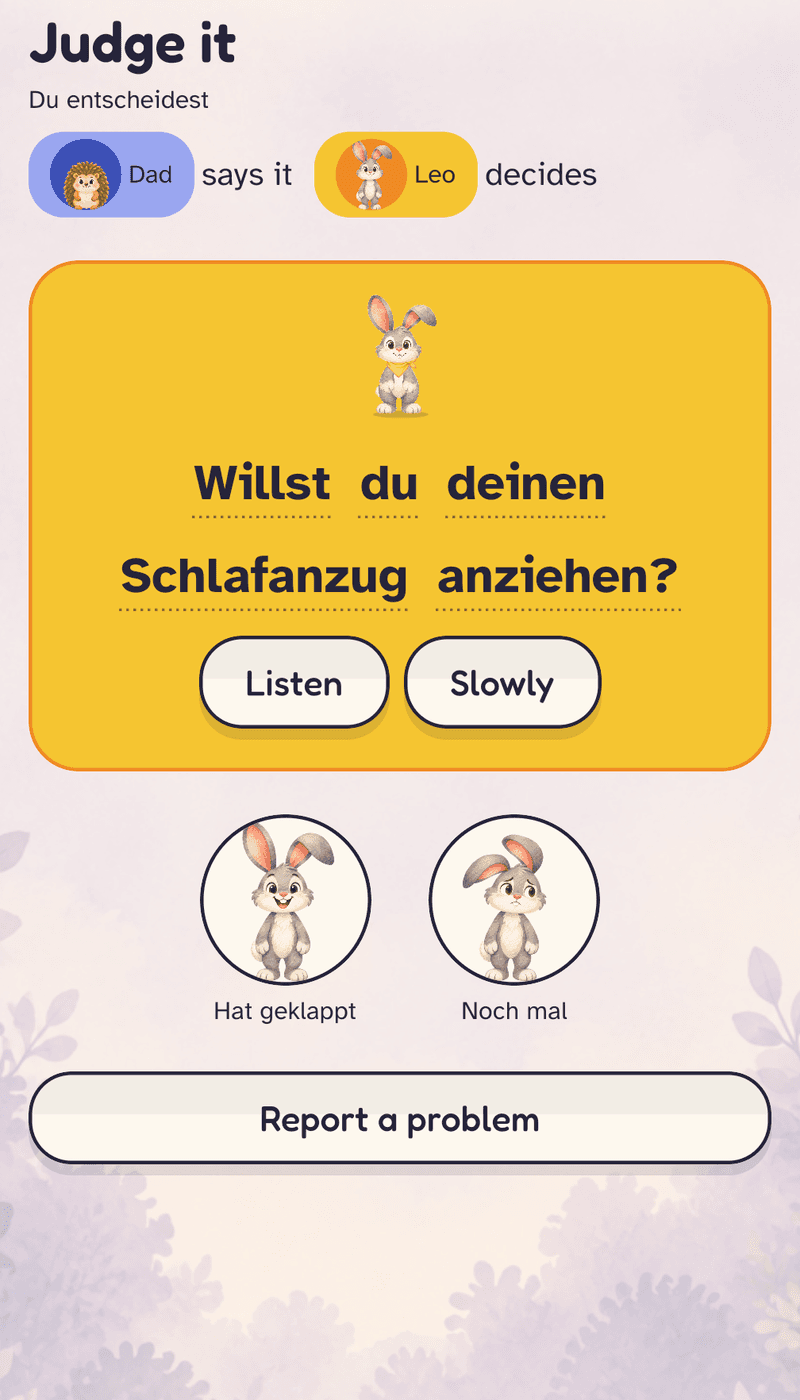 Hop & Huddle on a phone: a child judges a parent's German pronunciation