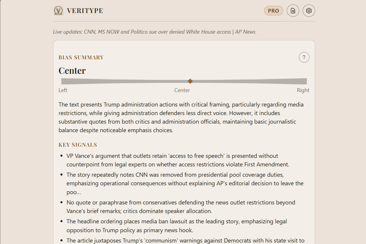 Veritype side panel showing a bias analysis